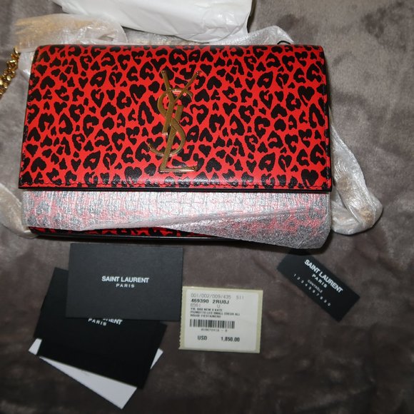 *SOLD* AUTH Saint Laurent Small Sunset Leopard Heart Print Bag In Rouge Fiesta - Picture 4 of 5